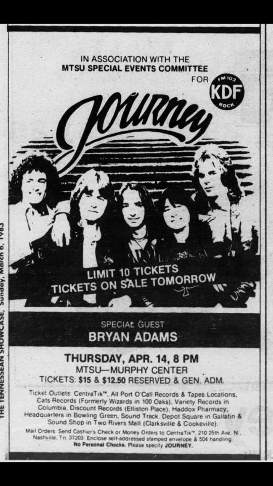 Bryan Adams concert at MTSU's Murphy Center on April 14, 1983