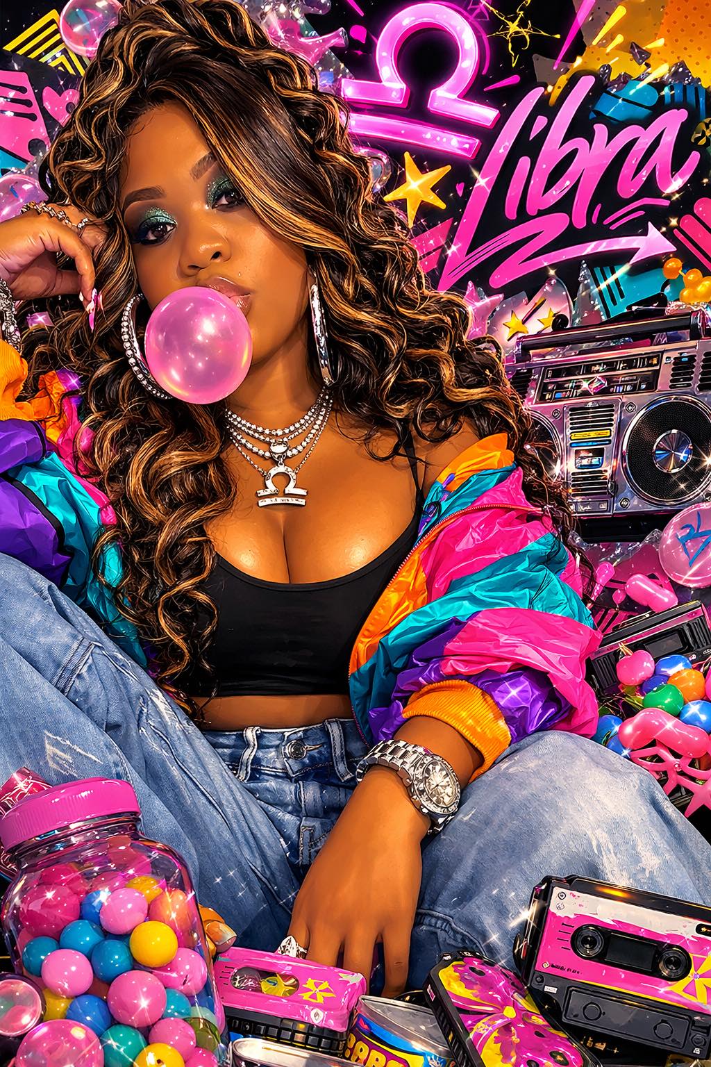 Vibrant bubblegum pop inspired digital art of Caribbean female