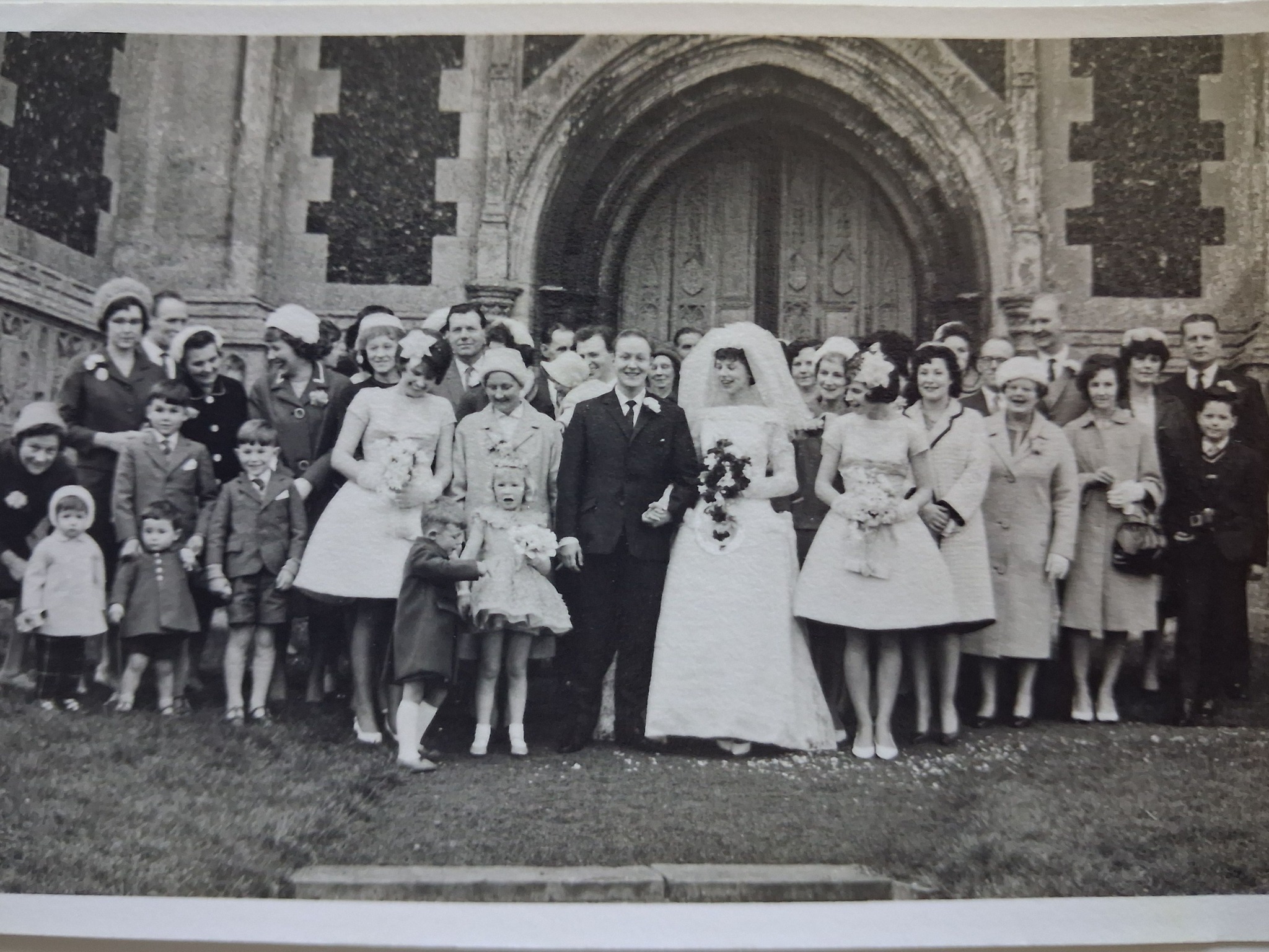 Bridesmaid dress color surprise at Lavenham, Suffolk Church wedding