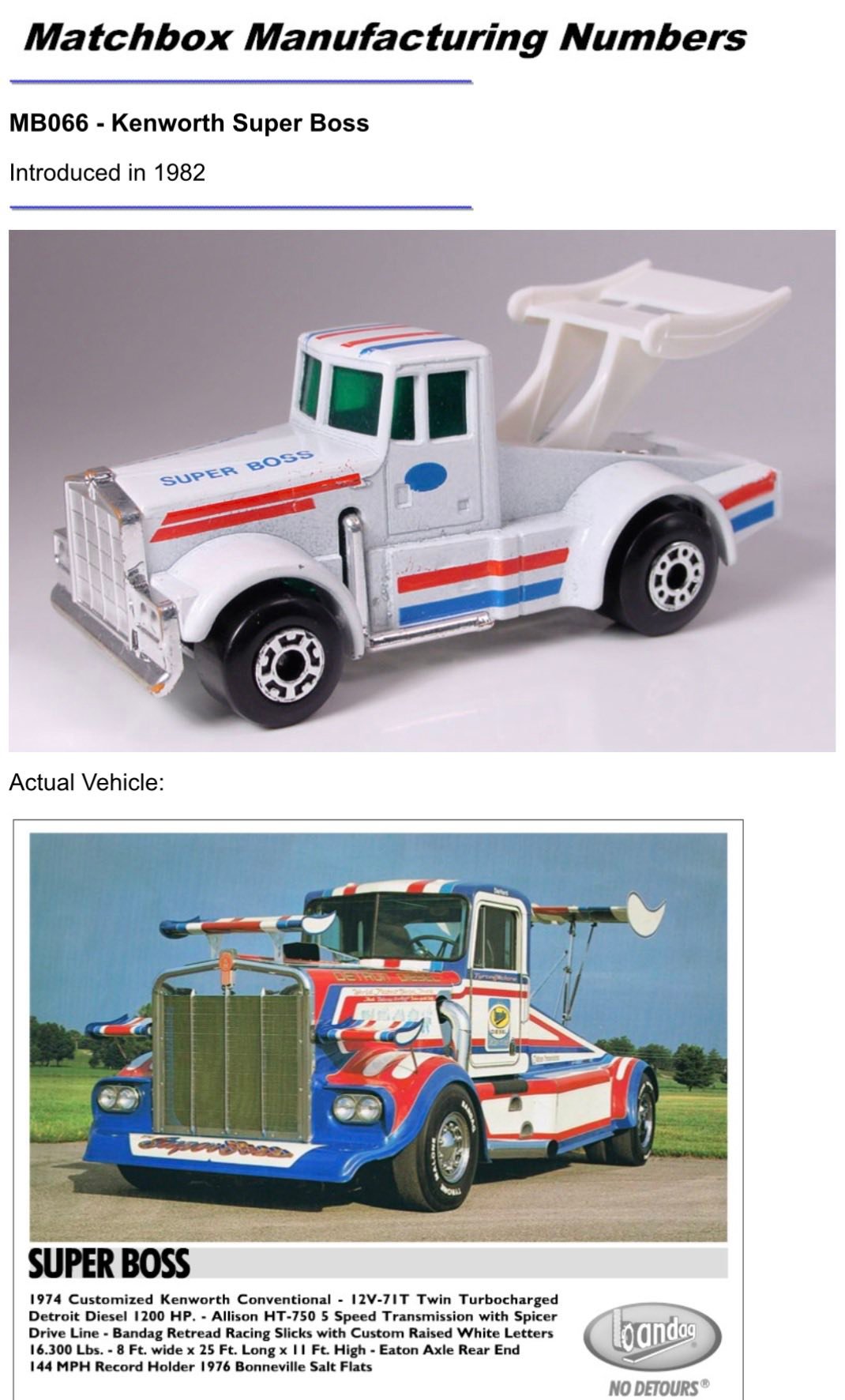 1982 Matchbox Kenworth Super Boss some red white & blue for flag day