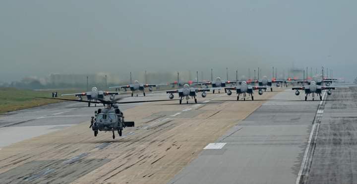 Ready to fly! ✈️ U.S. military aircraft line up on the runway