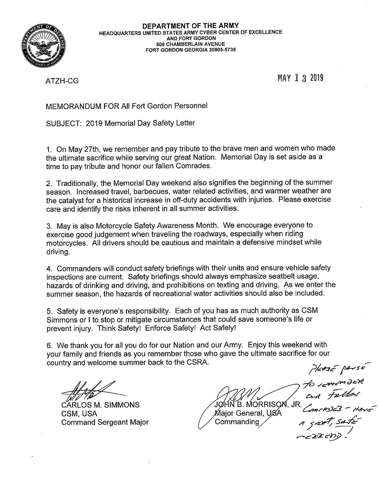 Fort Eisenhower - A #MemorialDay #safetymessage from...