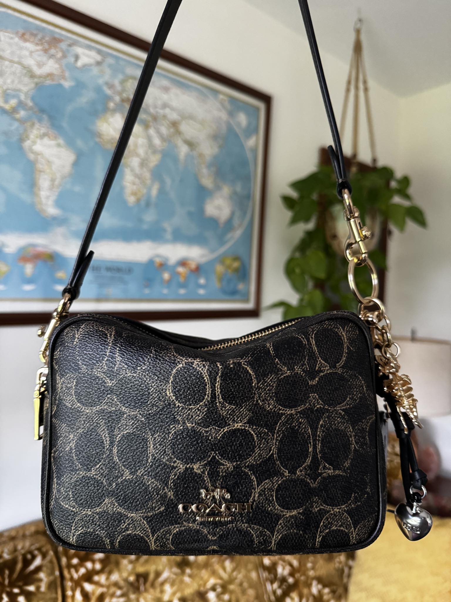coach carrie pebble leather backpack bag - black/gold Drawstring Refined pebble leather Inside zip cell phone and multifunction pockets Laptop compartment with zip closure Zip closure recycled polyester lining Top handle with 2 drop Outside zip pockets Adjustable shoulder straps Fits a 12” (zip compartment) or 13” (main compartment) laptop 10 3/4 (L) x 14 (H) x 5 1/4 (W) Style No. Soft Pebble Leather Cary Crossbody