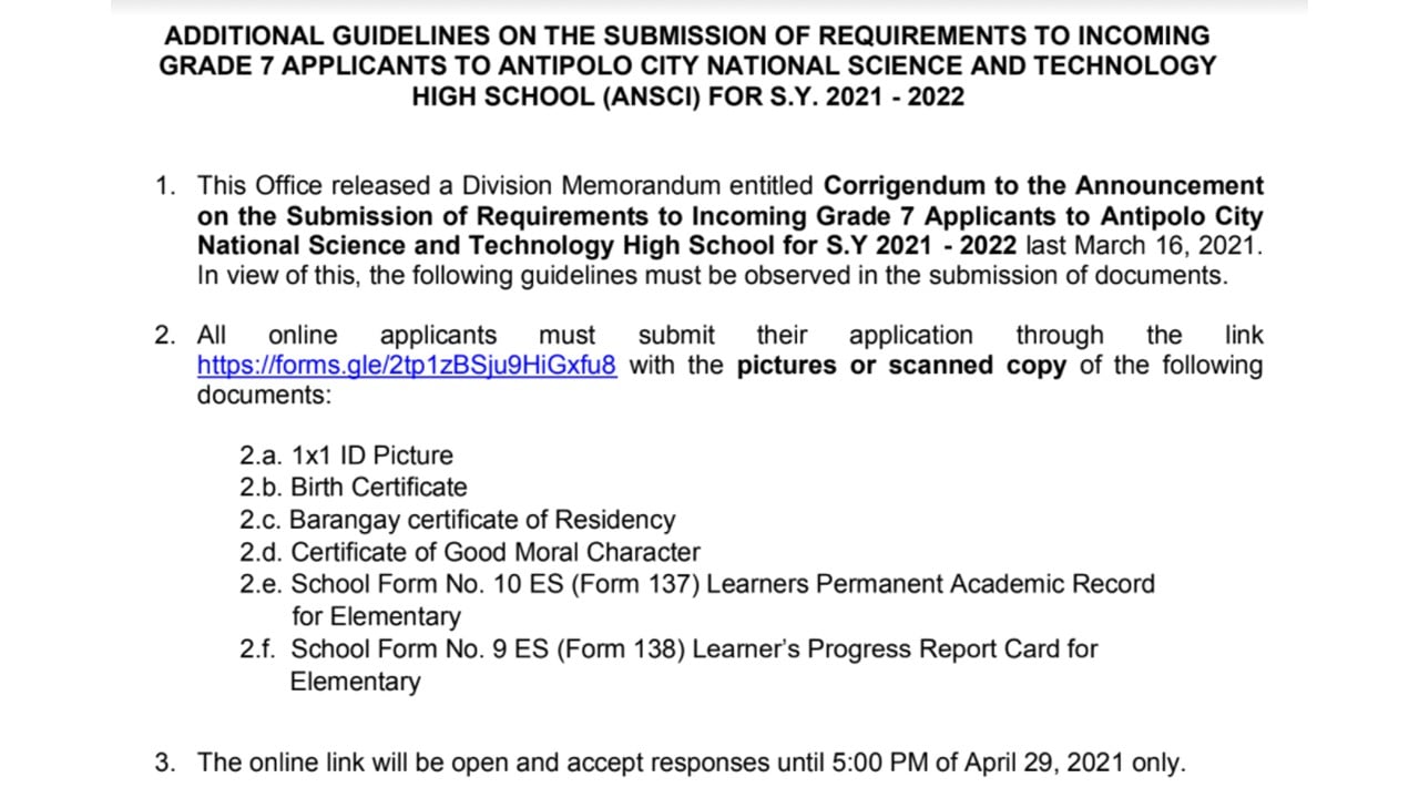 ANNOUNCEMENT ON THE SUBMISSION OF REQUIREMENTS FOR INCOMING GRADE 7 ...