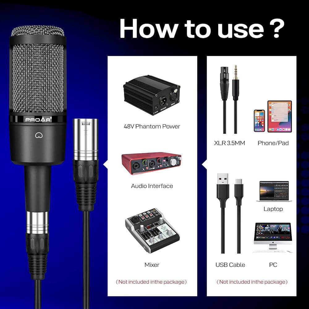 Proar Condenser Microphone XLR,Professional Studio Recording Microphone ...