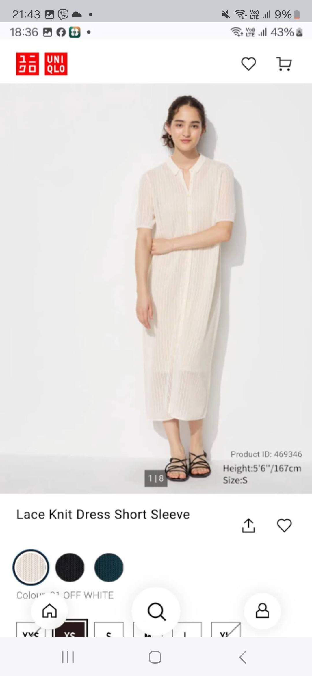 uniqlo lace knit dress off white M 100k 21:43 18:36 品盟 UNI ב QLO 9% 43% ب 1|8 Product ID: 469346 Height:5' Height:5'6