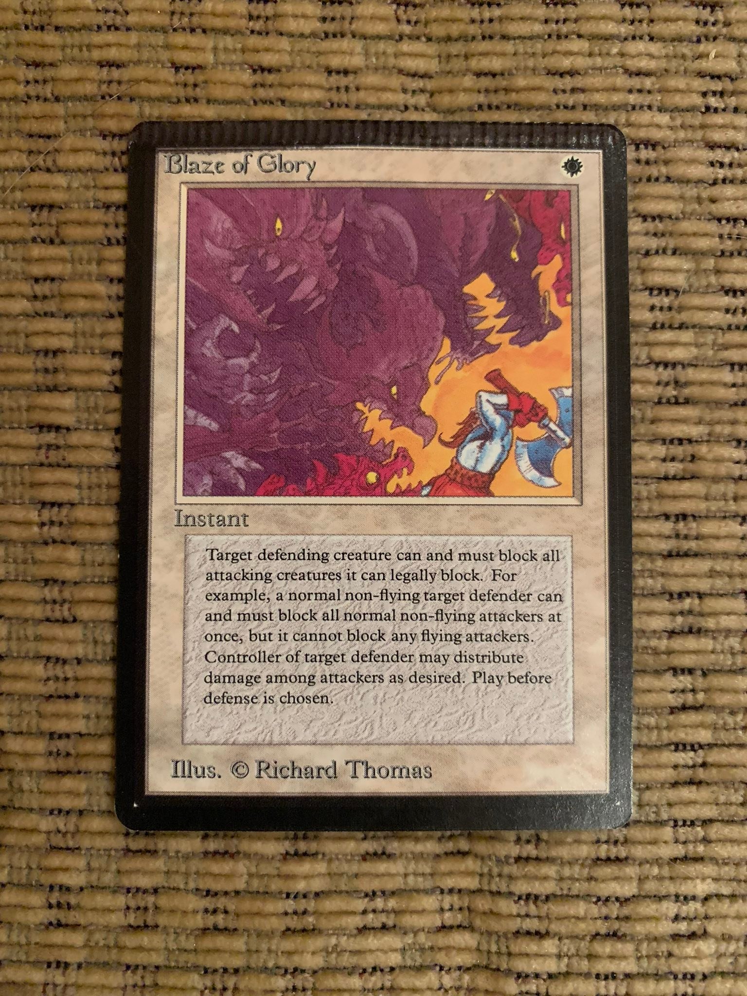 Beta Blaze of Glory MTG card with unique crimp and ink alteration