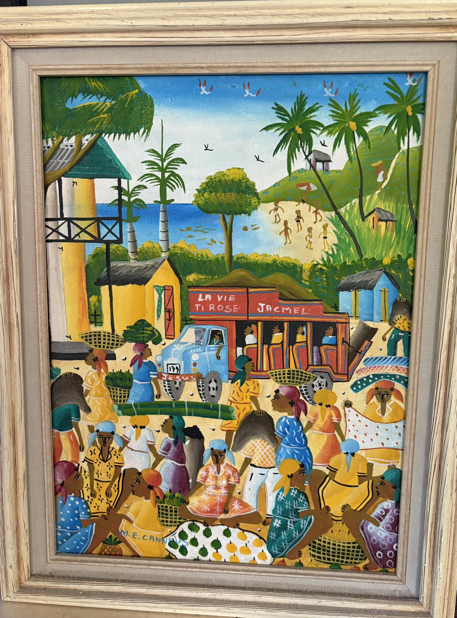 Vibrant Haitian folk art painting on canvas by artist L.Y. Alaby