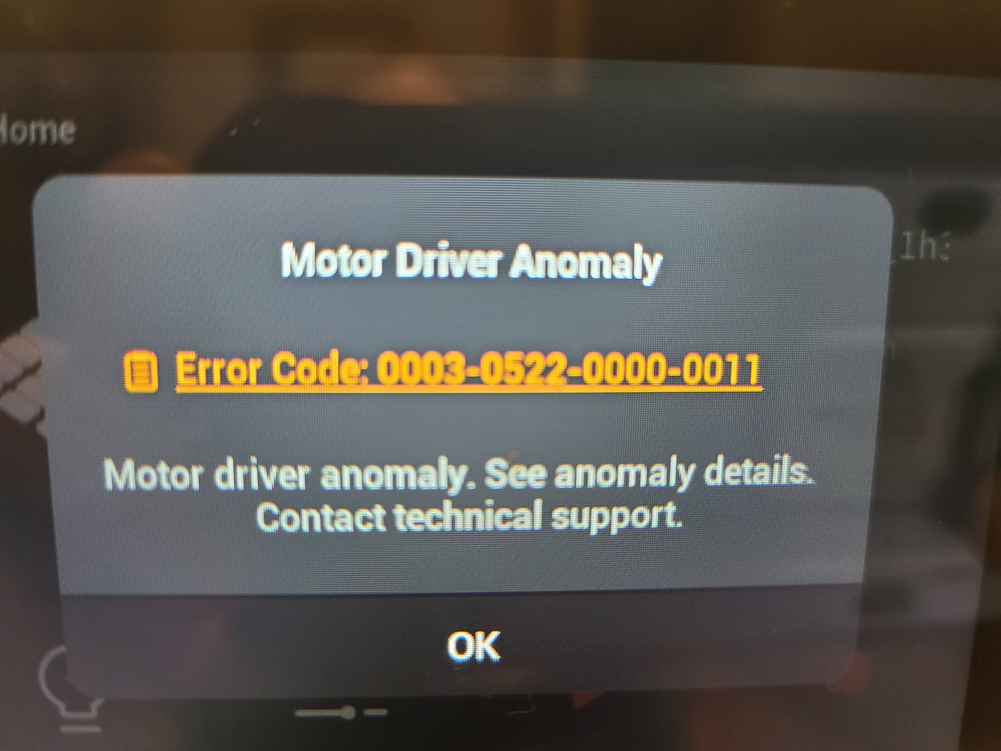 What causes Motor Driver Anomaly error 0003-0522-0000-0011 on