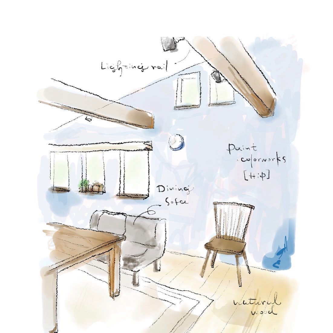 和み工房 自宅リビングをイラストにしてみました 最近adobe Frescoを覚えているので水彩画だけどipadで描いてます 内観パースもこんな風に書くとかわいい Adobe Frescoで 水彩画風に 手描きパース 手書き文字 ほっこり文字 ほっこり筆ペン文字 和み工房