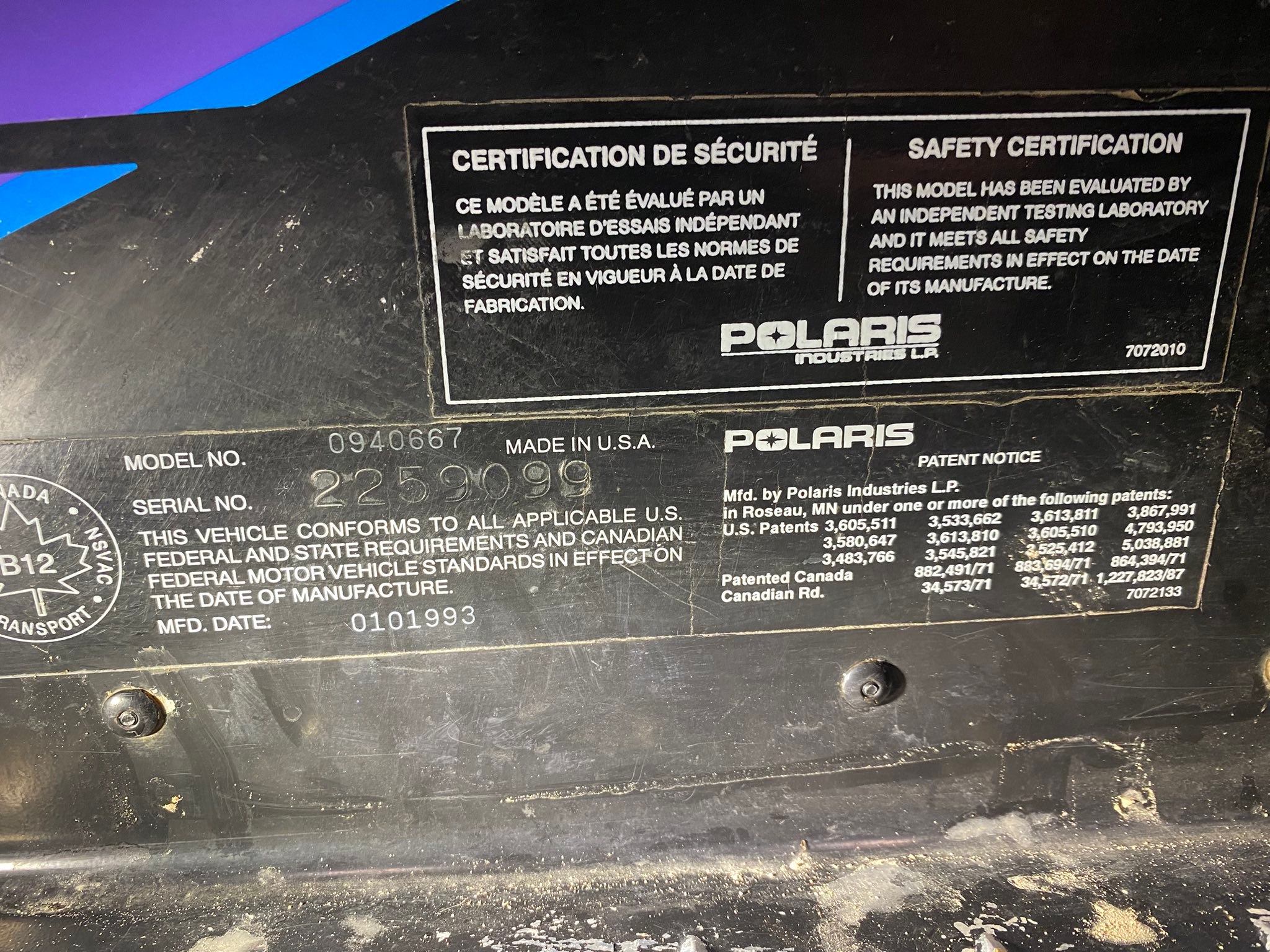 Where is the VIN located on a Polaris XLT snowmobile?