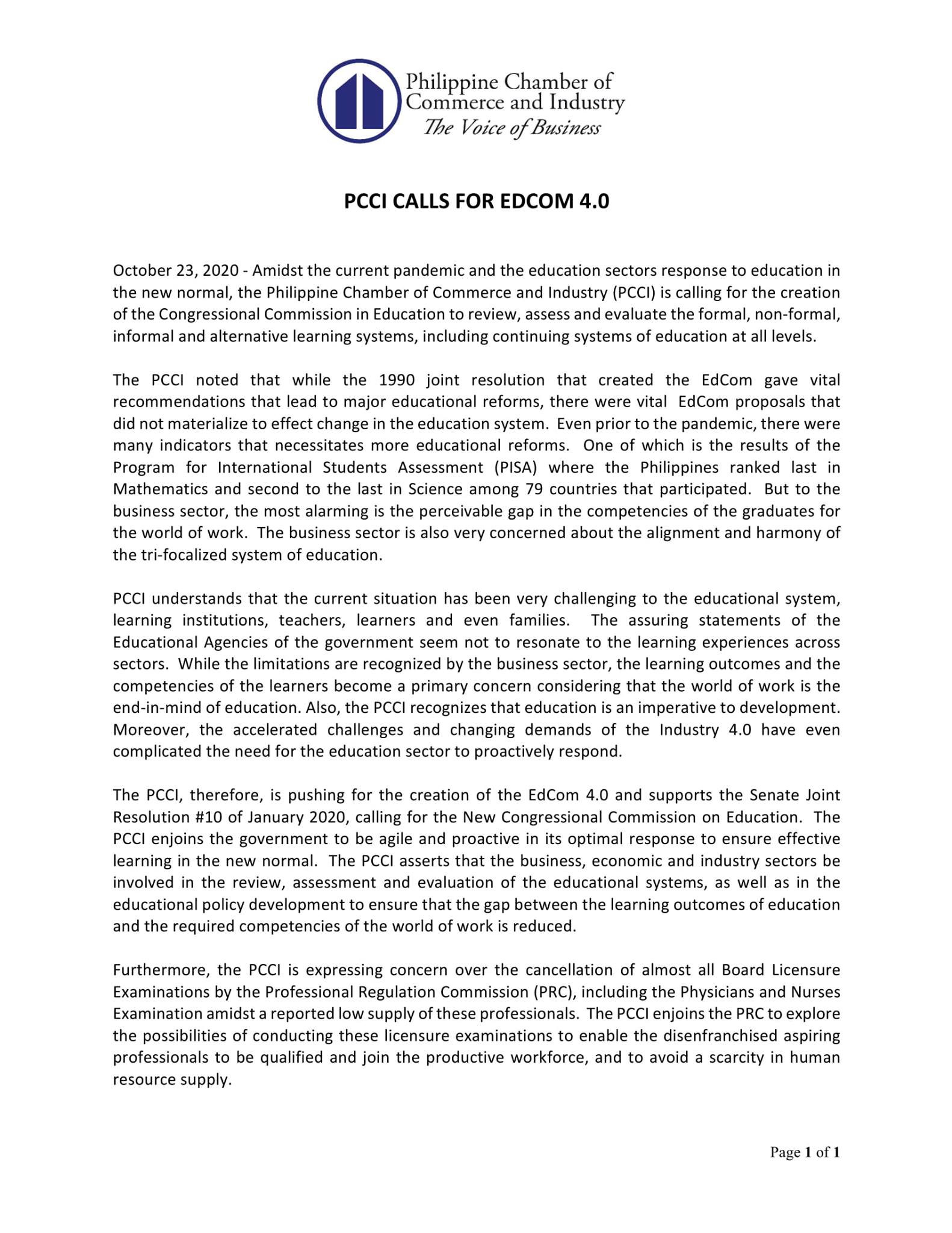 Philippine Chamber of Commerce and Industry - PCCI CALLS FOR EDCOM 4.0 ...
