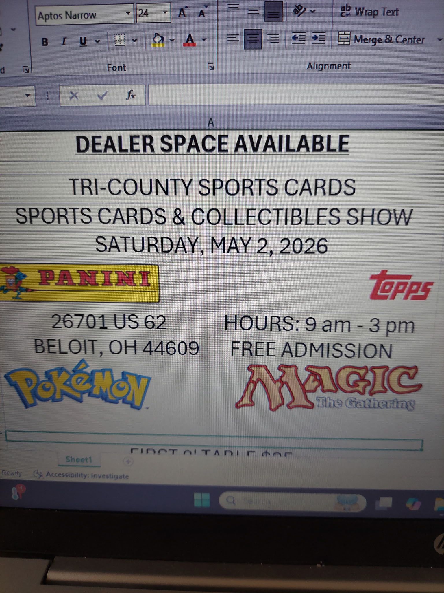 Card show this Saturday from 9-3 near Alliance. Vendor space