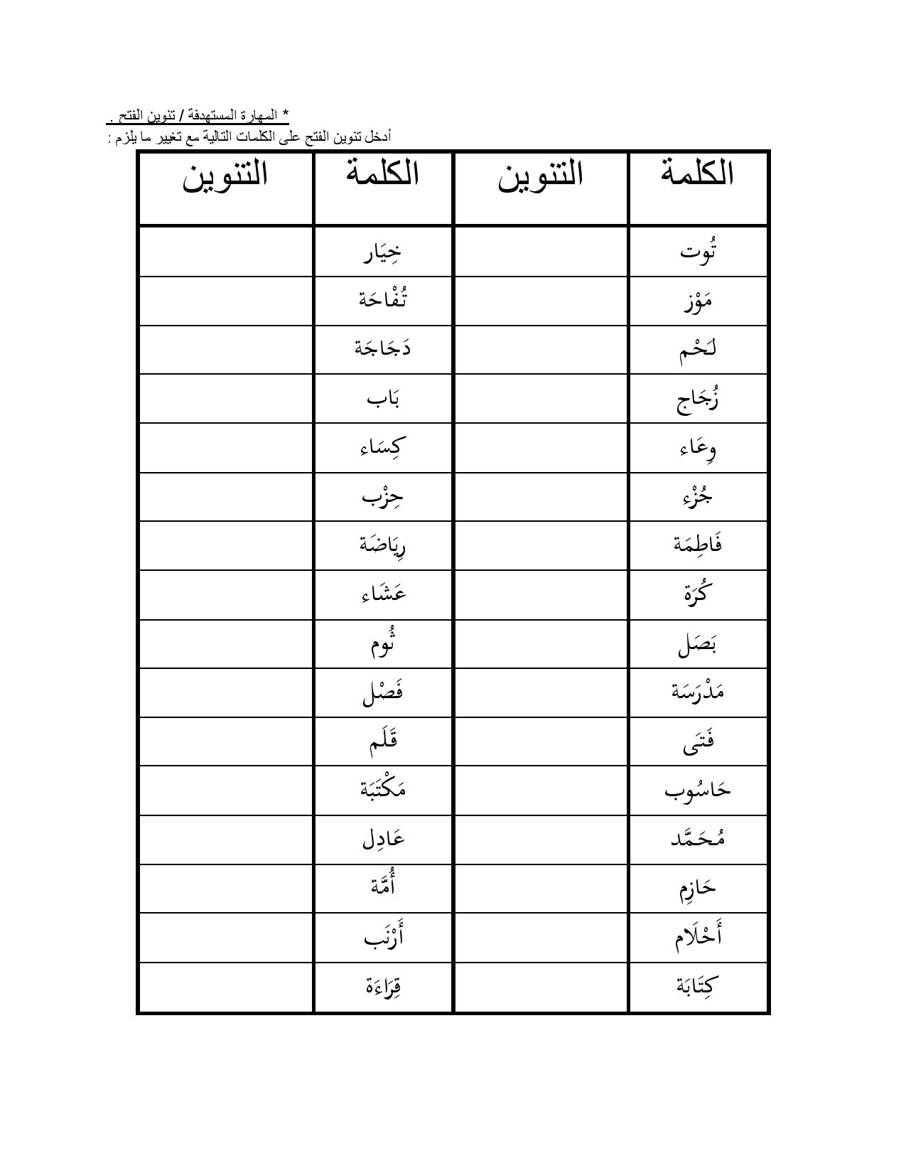 ورقة عمل تنوين الفتح للصف الثاني Waraqa Blog