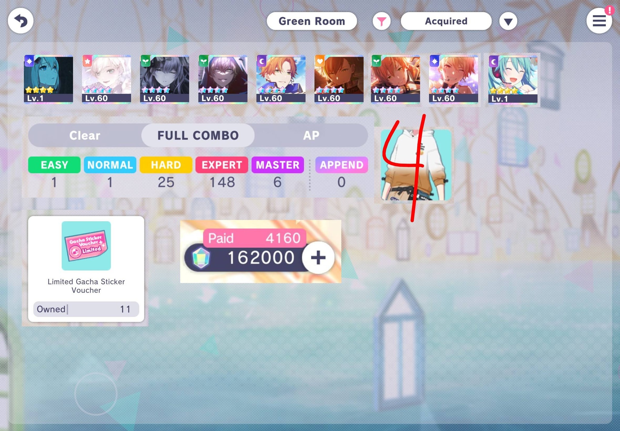 Akito's character progress in Project Sekai game