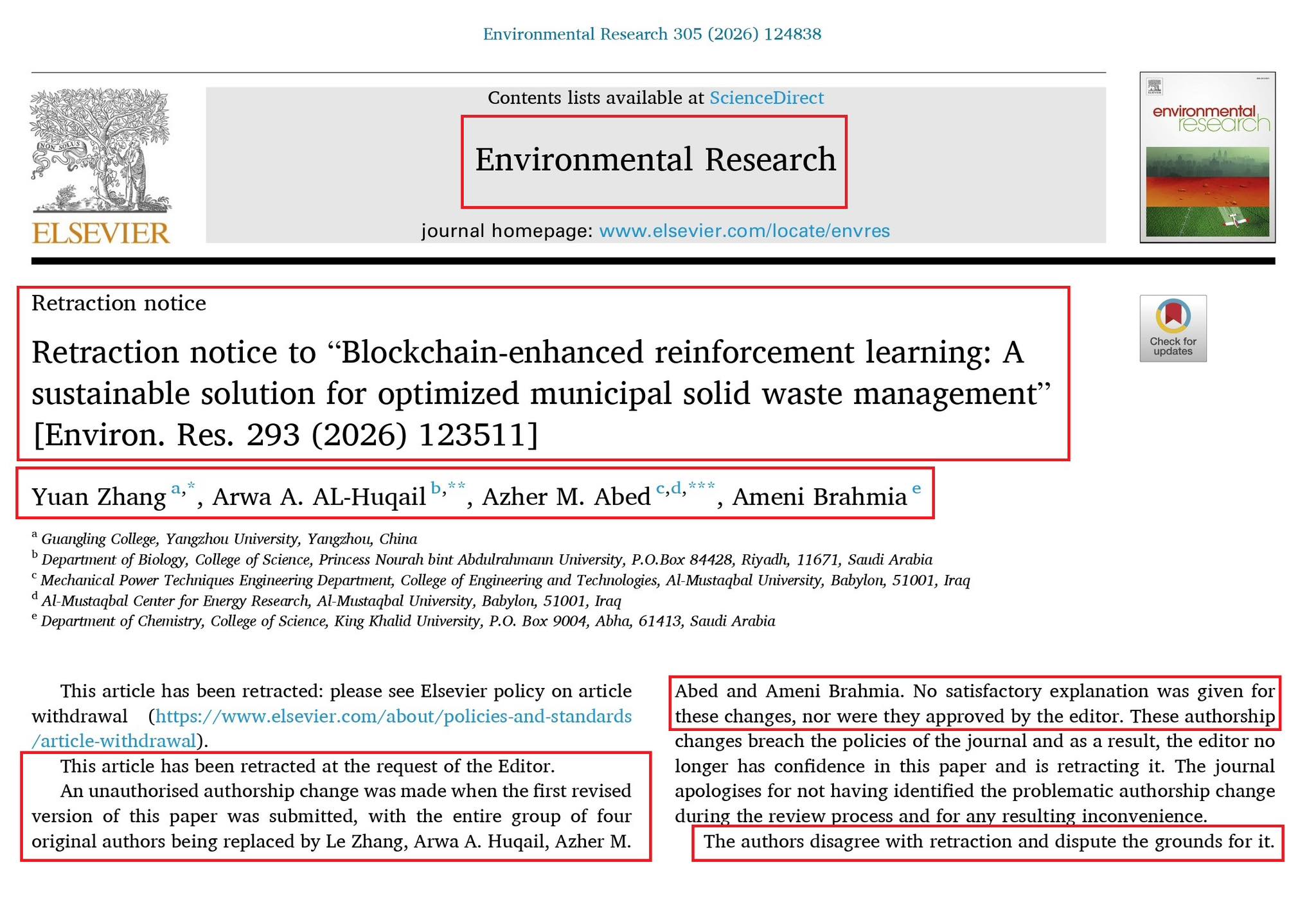 Elsevier journal retracts paper on blockchain-enhanced reinforcement learning due to unauthorized authorship changes