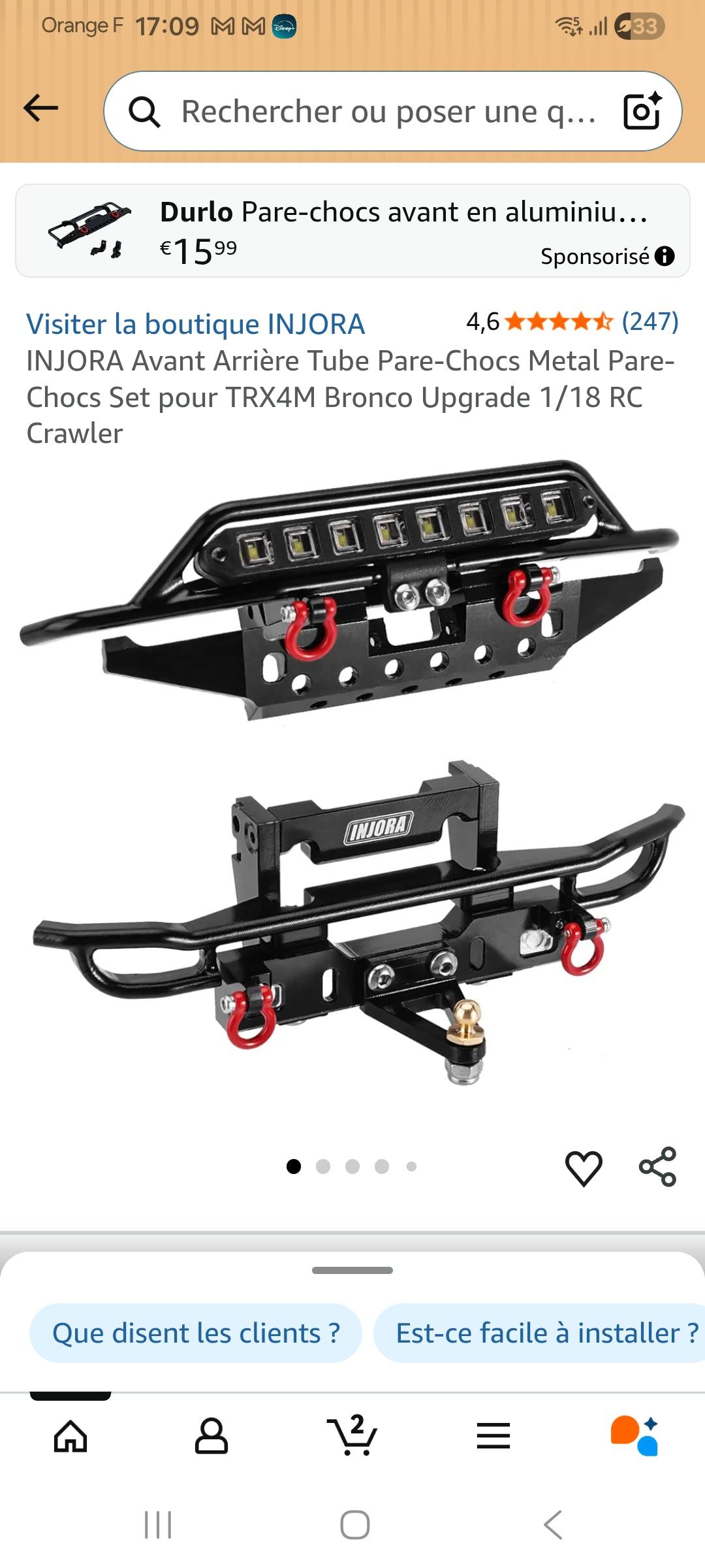 INJORA Pare-chocs avant – Pare-chocs en aluminium CNC pour TRX4M Bronco Upgrade 1/18 RC Crawler