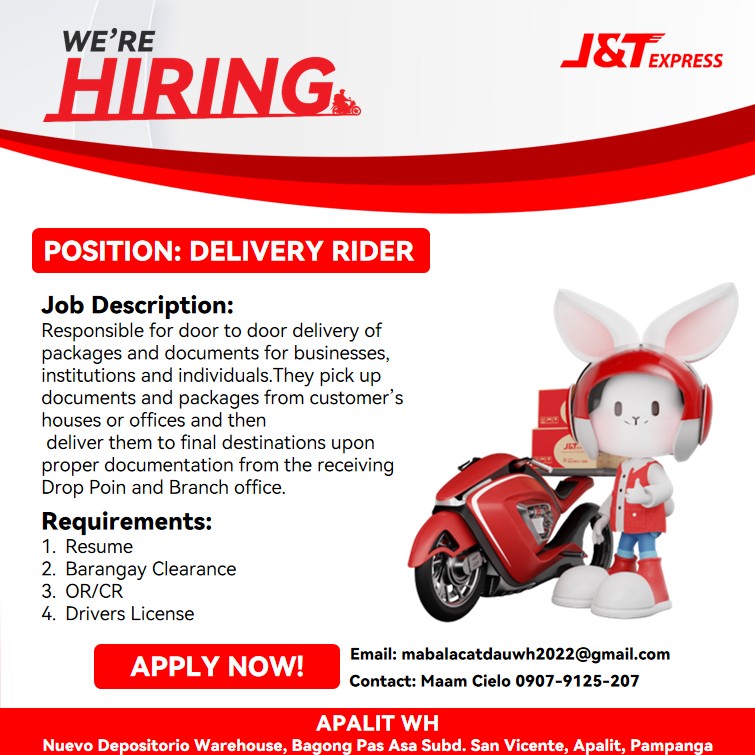 Jnt - URGENT HIRING ‼️ DELIVERY RIDER 📍𝐀𝐏𝐀𝐋𝐈𝐓, 𝐏𝐀𝐌𝐏𝐀𝐍𝐆𝐀 𝐀𝐑𝐄𝐀📍 WITH ...