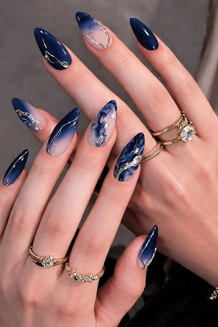 What nail designs go with navy blue and gold ball dress?