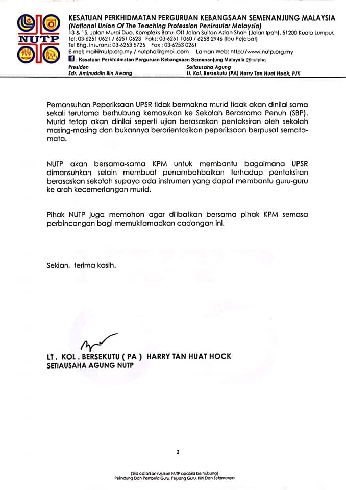Nutp Malaysia Nutp Mohon Peperiksaan Upsr Dimansuhkan Facebook