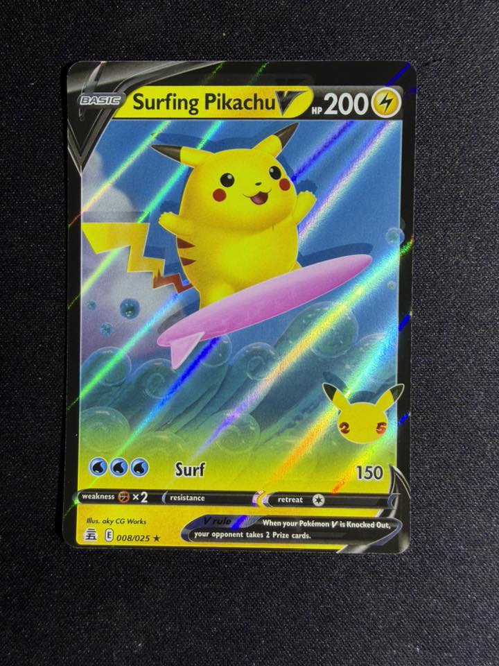 pokemon card surfing pikachu V - 008/025 Ultra Rare this card is the perfect way to showcase your collection. 008/025 - Surfing Pikachu V