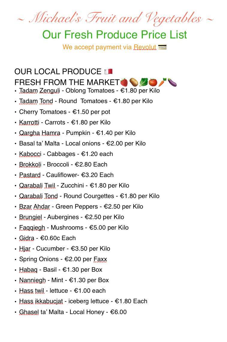 New updated price list 🌱... - Michael's Fruit and Vegetables | Facebook