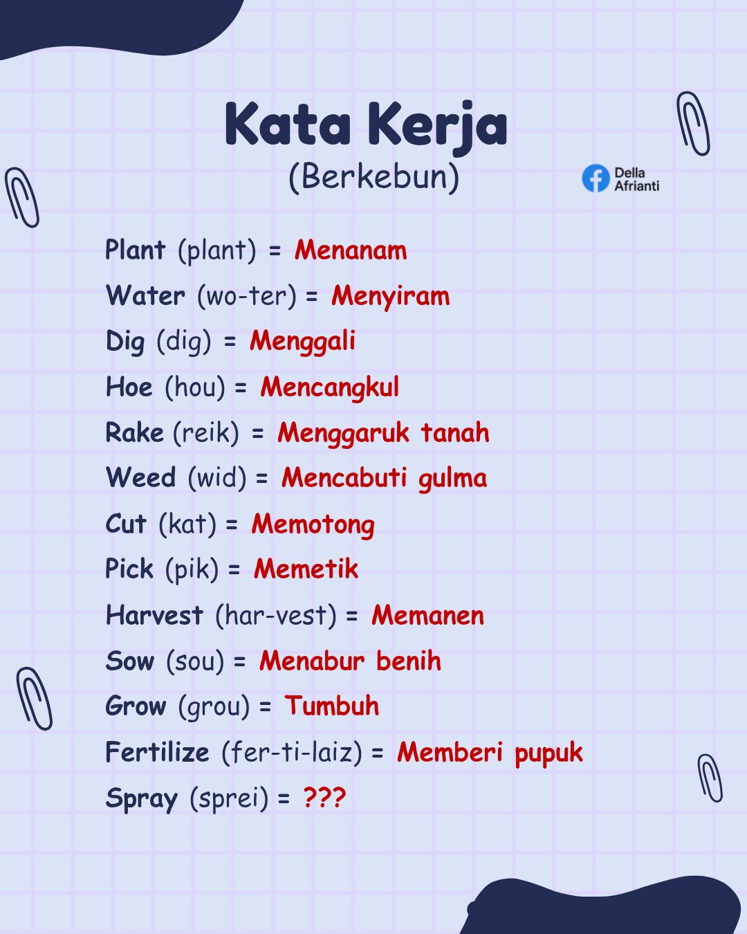 🔹 Plant (plant) = Menanam Kalimat: We plant vegetables every weekend. Cara baca: (wi plant ve-je-te-belz ev-ri wik-end) Arti kalimat: Kami menanam sayuran setiap akhir pekan. ━━━━━━━━━━━━━━━ 🔹 Water (wo-ter) = Menyiram