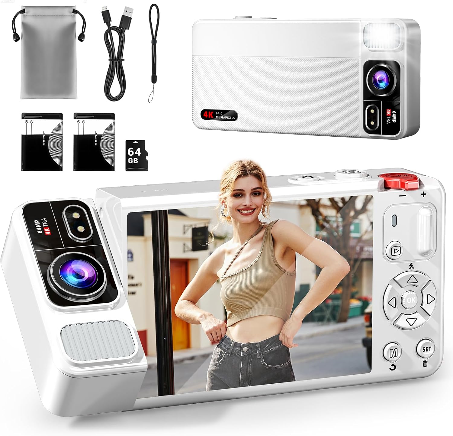 Appareil Photo Numérique 4K UHD 64MP – Écran Orientable 180°, Autofocus, Webcam, Retardateur, 32GB TF Inclus – Métal Rose
