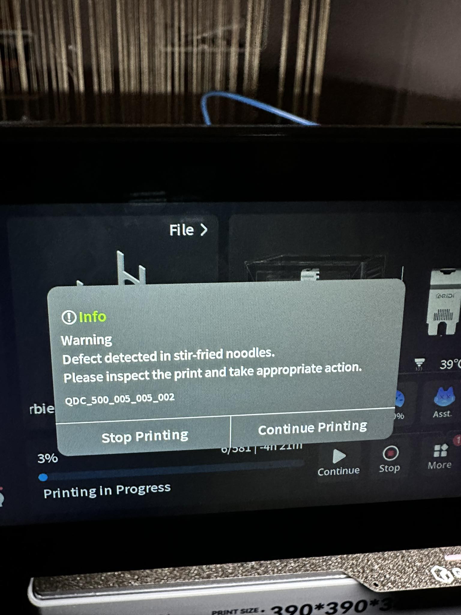 Why does QIDI 3D printer stop printing with spaghetti detection
