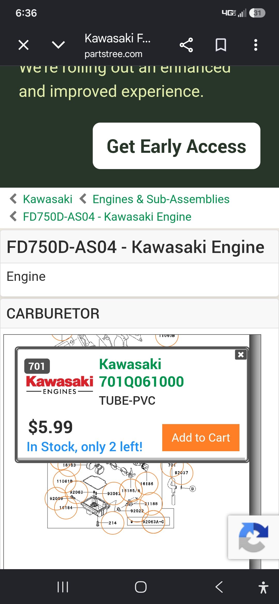 What is the hose connection for Kawasaki FD750D air cleaner?