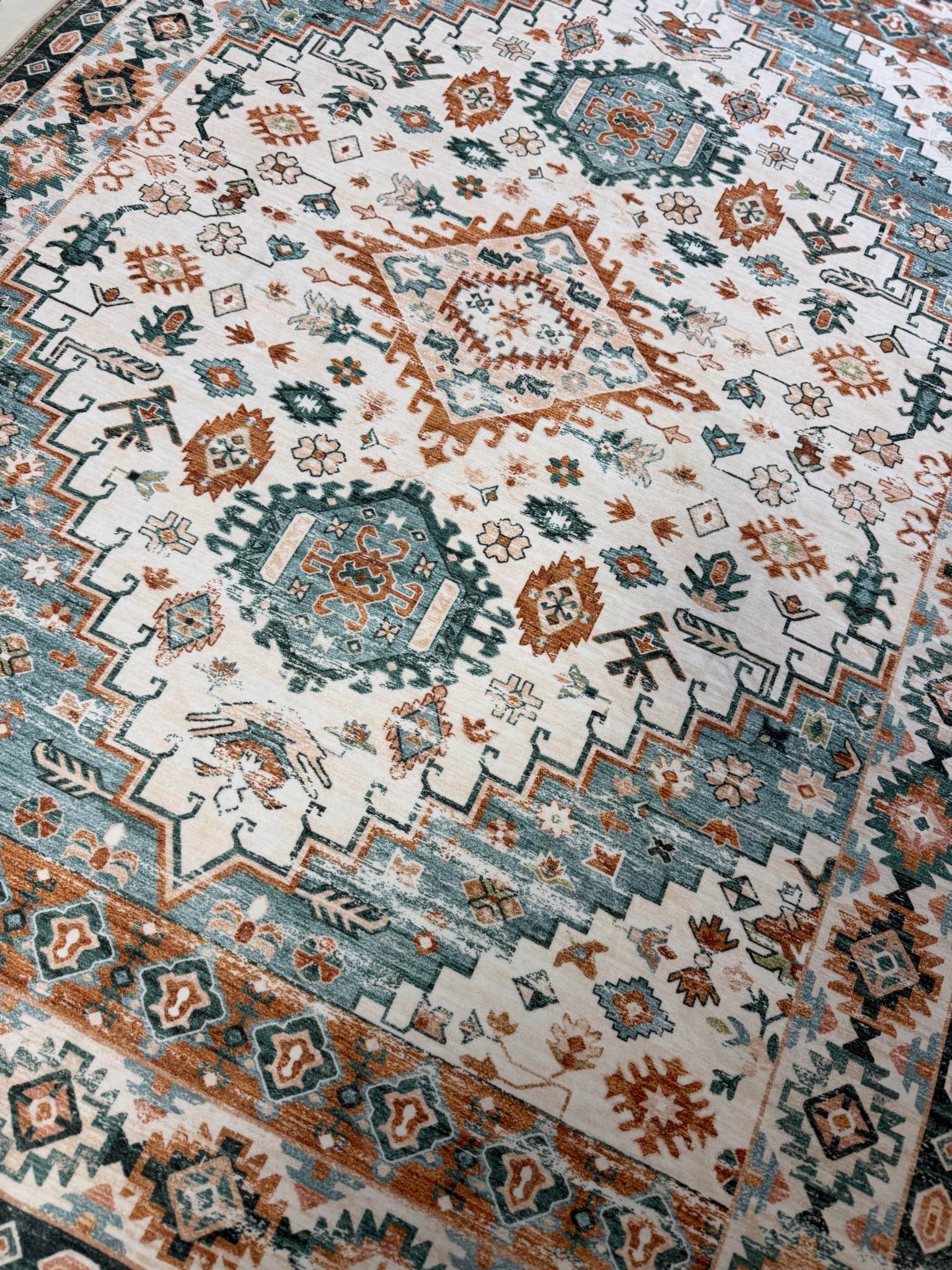 Brand new washable Boho Geometric Area Rug Teal Orange Cream size 5by7 ...