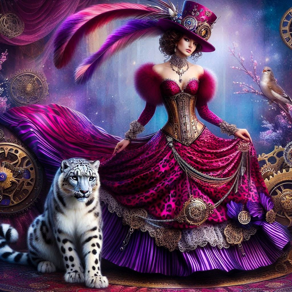 Steampunk lady digital painting with crimson leopard print dress