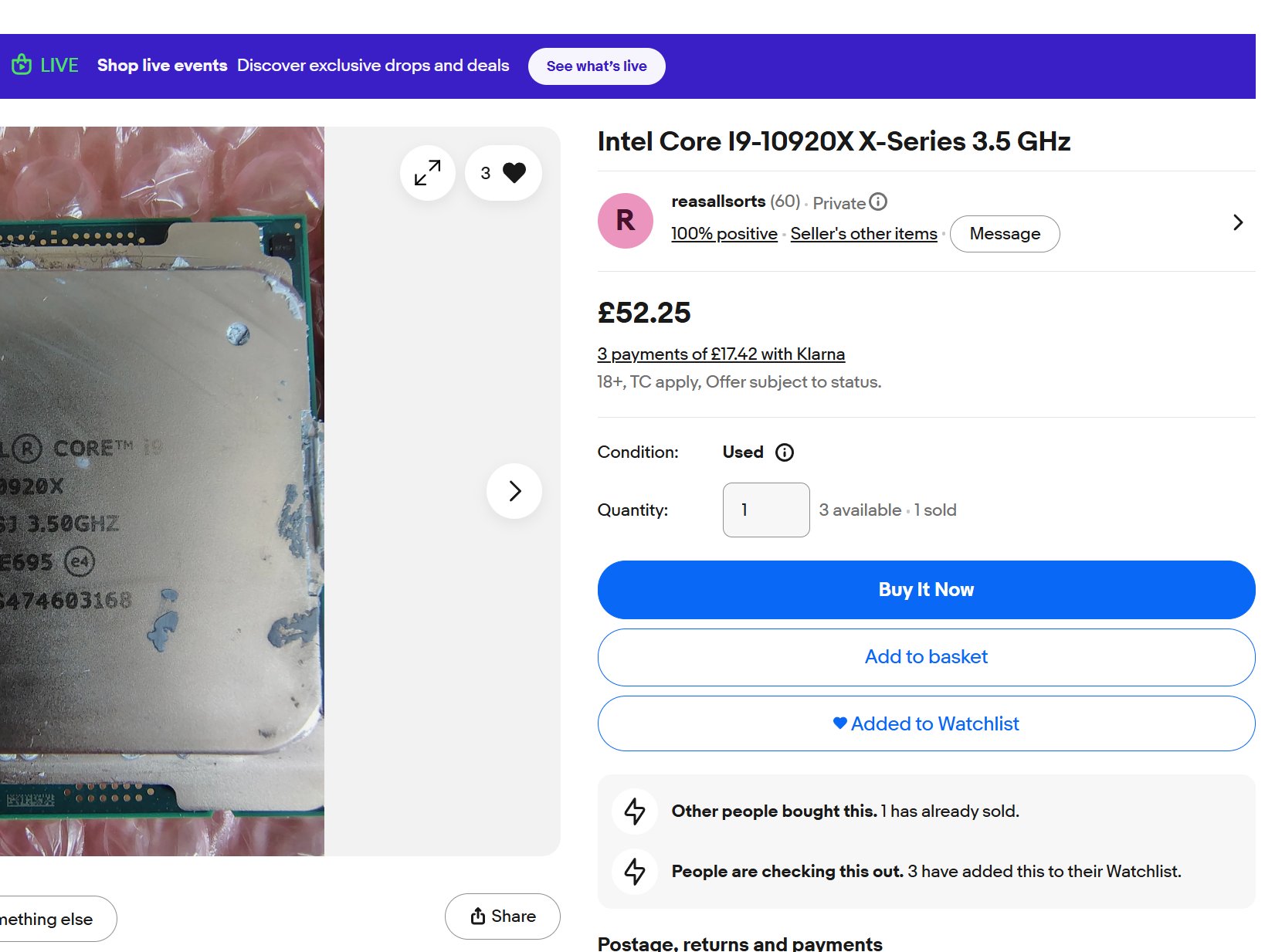 Used Intel Core i9-10920X CPU for sale with optional x299 Gigabyte 