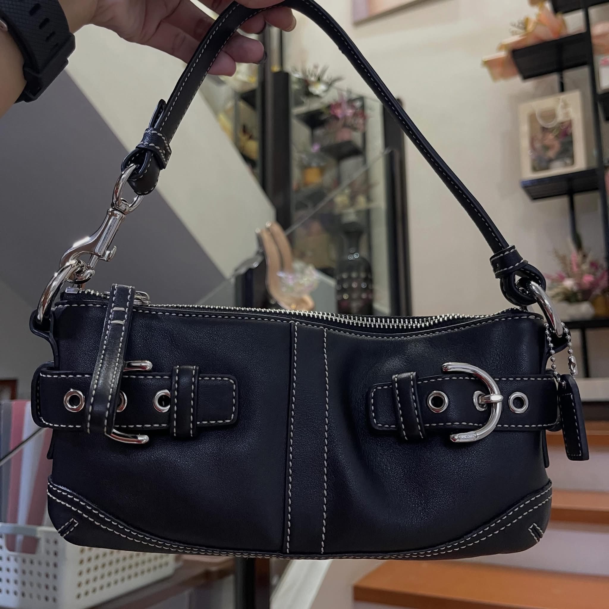 vintage black leather Coach Soho small baguette shoulder bag from 