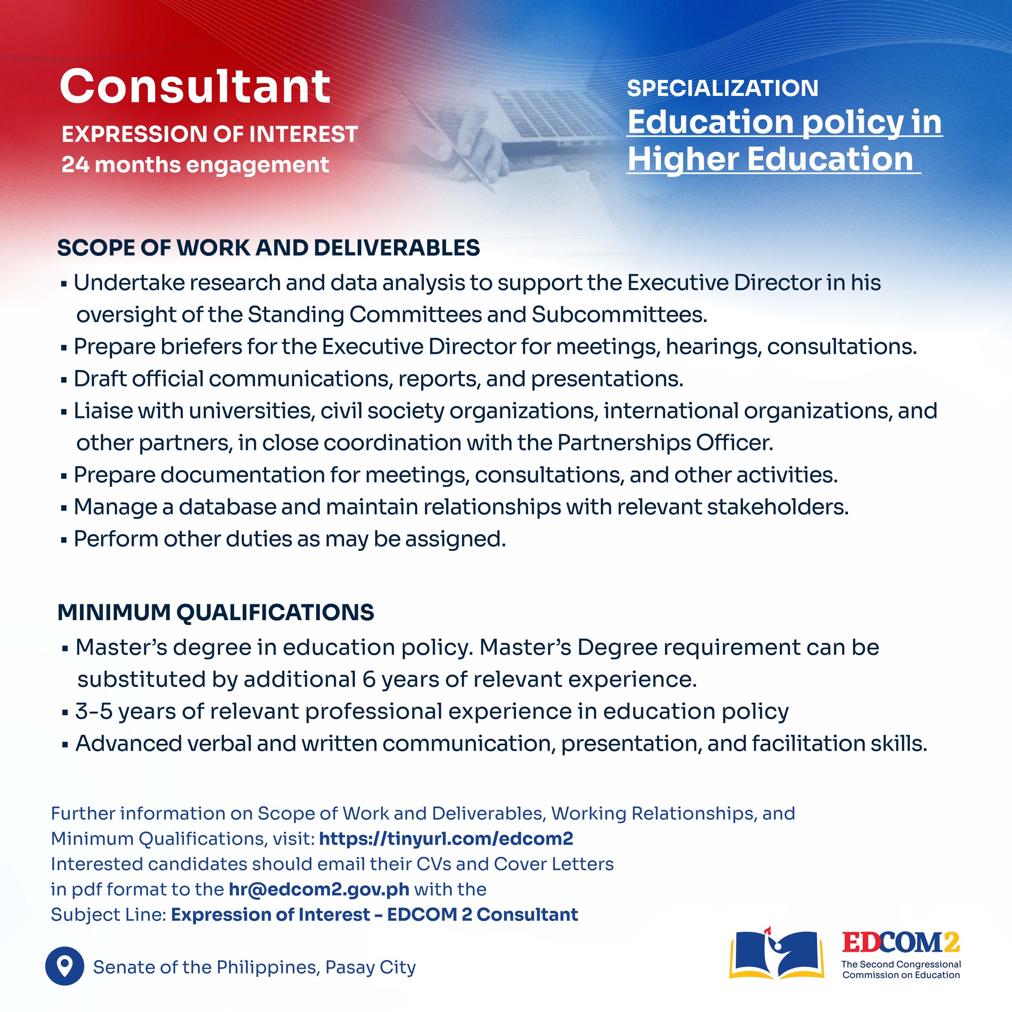 EXPRESSION OF INTEREST #EDCOM2 is open for interested consultants in ...