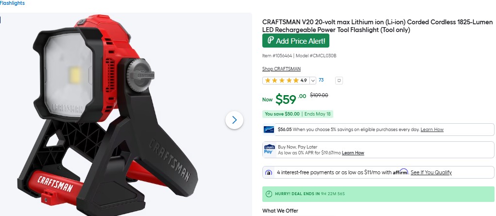craftsman v20 20-volt max 1825-lumen led rechargeable power tool flashlight V20* Work Light, Small Area, Only (CMCL030B) The package includes a CMCL050 hanging light V20* Cordless Handheld Spotlight (Tool