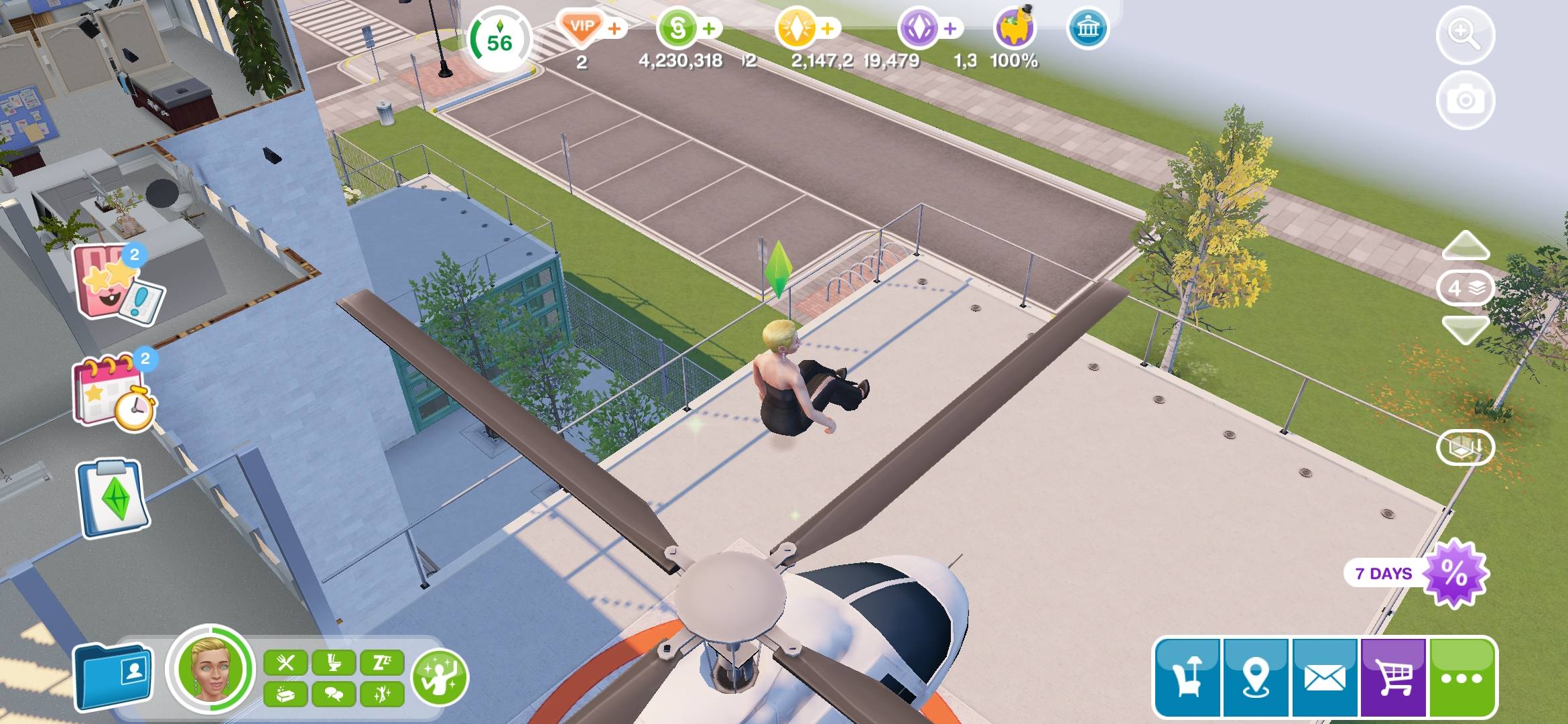 Sims character floats above helicopter