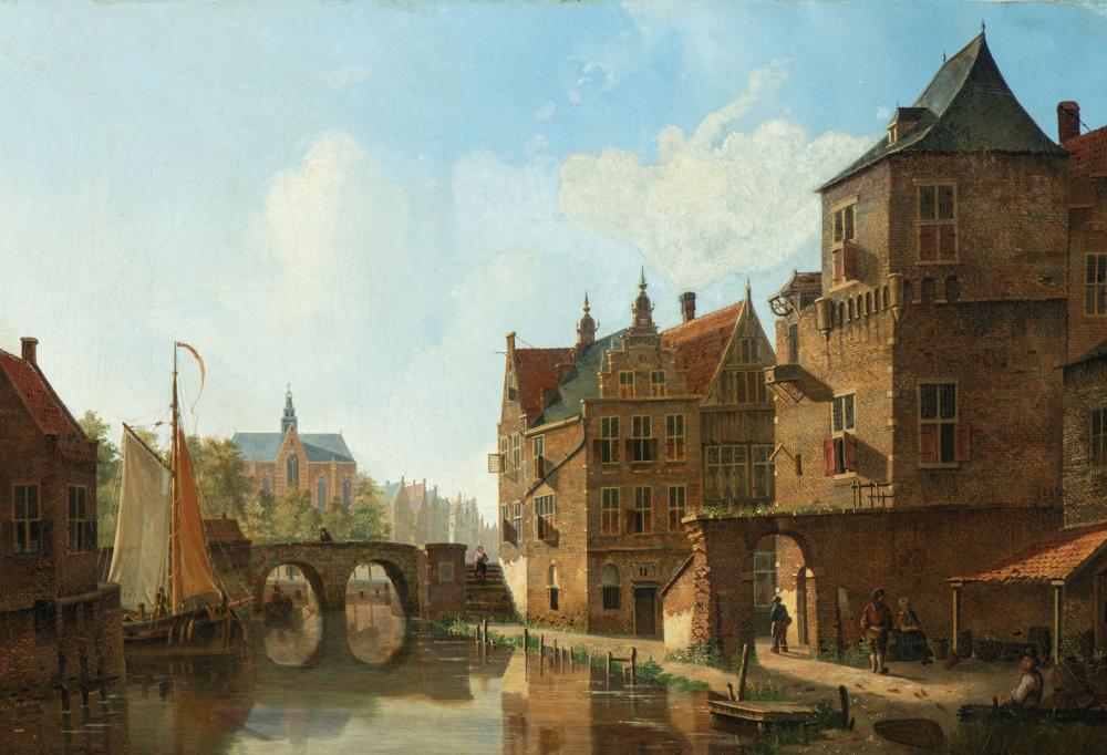 Dutch canal scene painting by 19th century artist