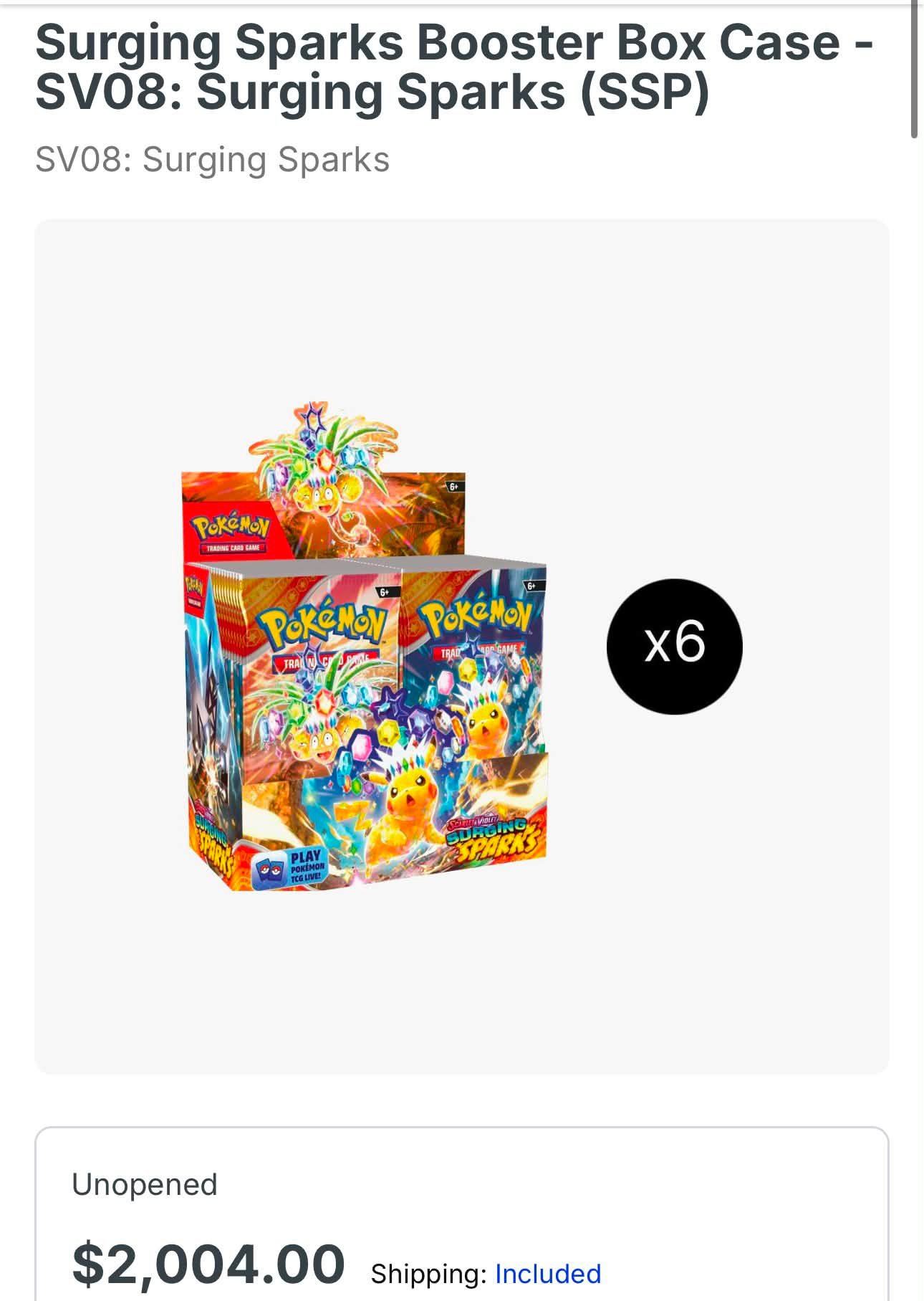 surging sparks sealed booster box case Pokemon Scarlet & Violet:  Columbia Sports Cards Includes 6 Booster BoxesTerawatts of electricity crash down from the sky in a tropical paradise Pokemon SV SURGING SPARKS Sealed