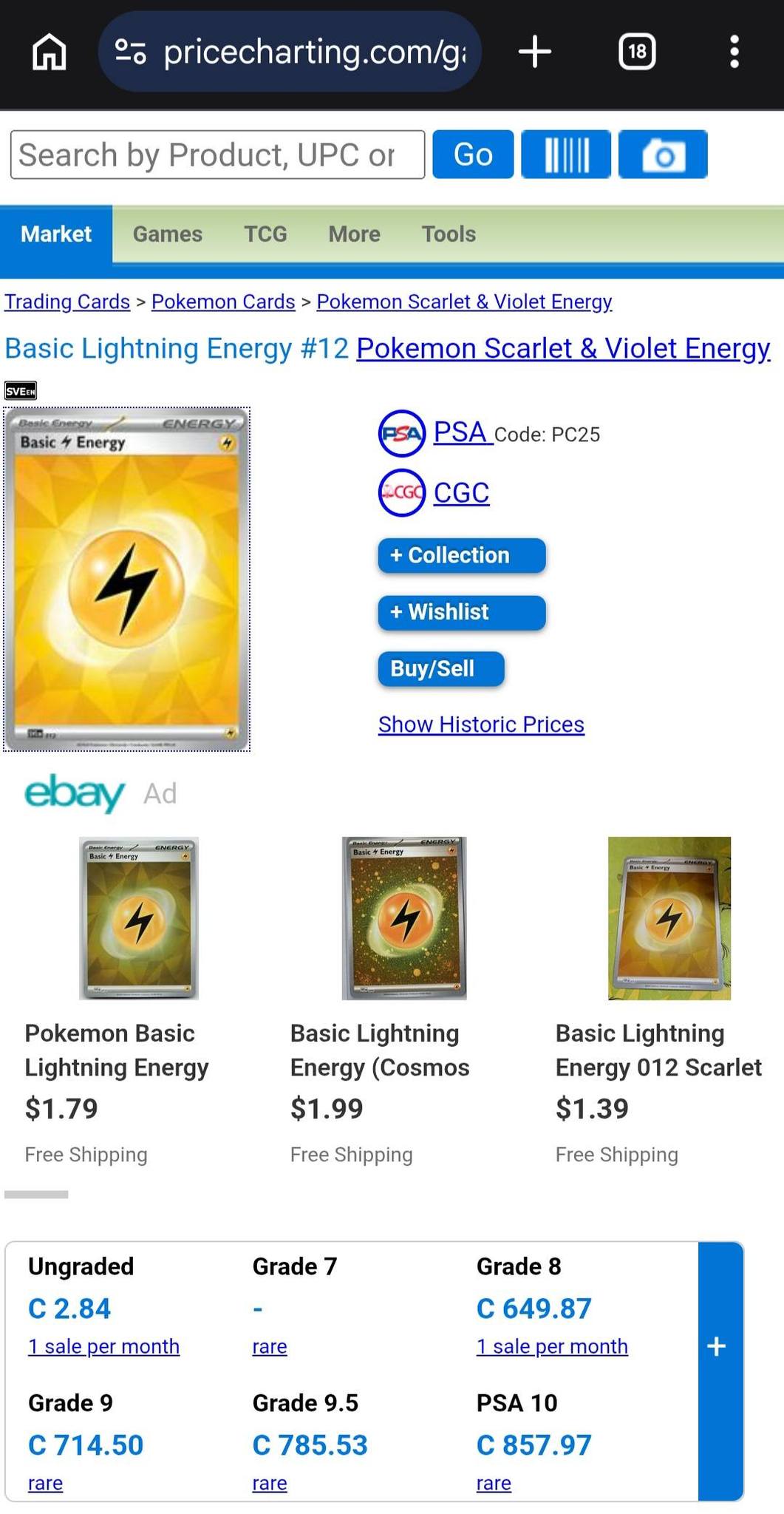 Why is the PSA 10 price for Basic Lightning Energy so high at CAD 800?