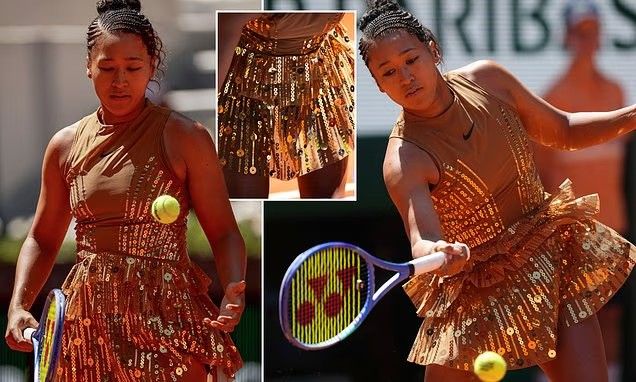 gold nike dress Naomi Osaka stuns spectators at French Open after revealing custom Naomi Osaka wowed spectators at Roland Garros as she made yet another sensational entrance for her French Open first Shimmer Dresses