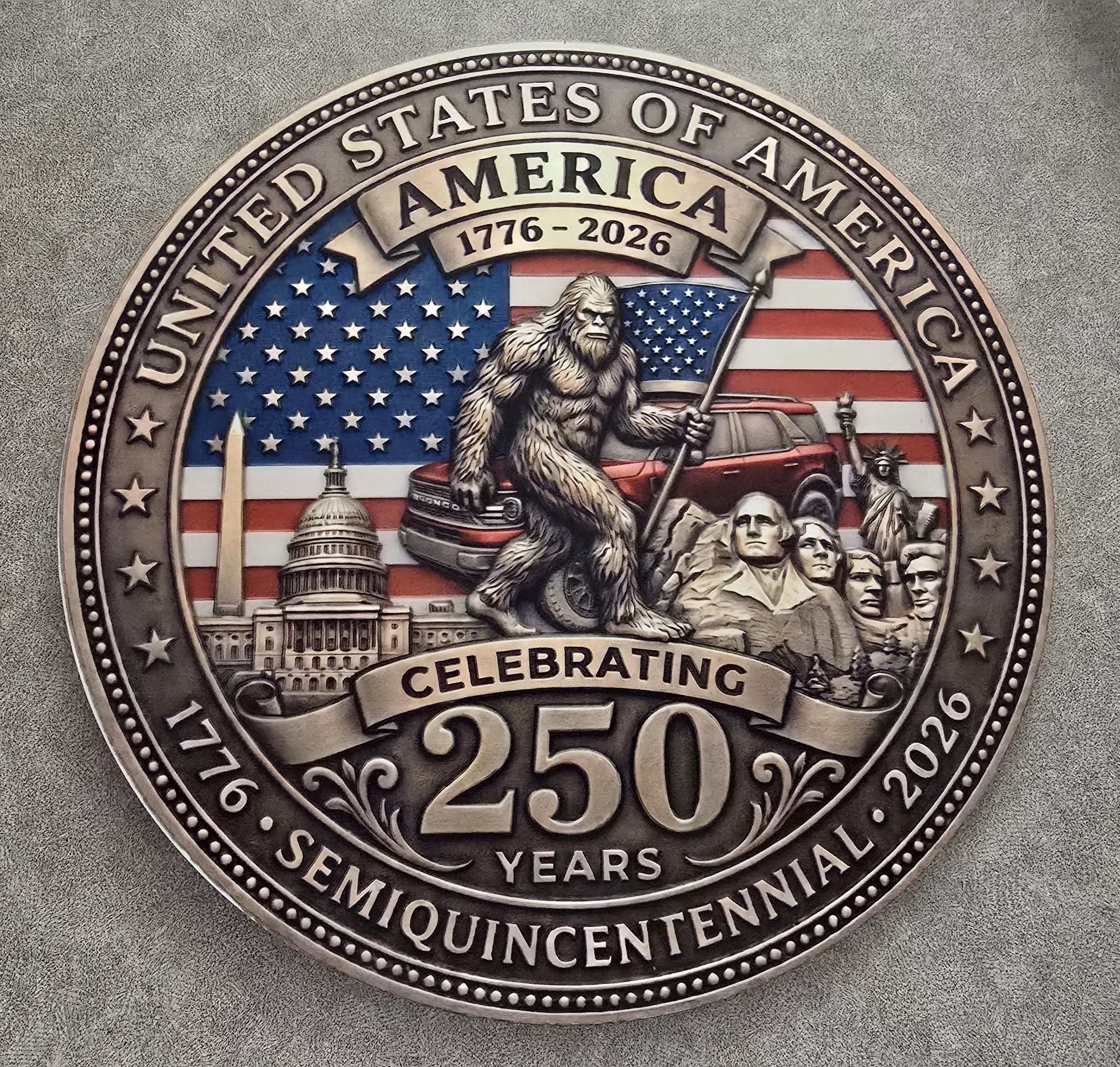 Custom America 250th birthday plaque with Sasquatch theme for Ford