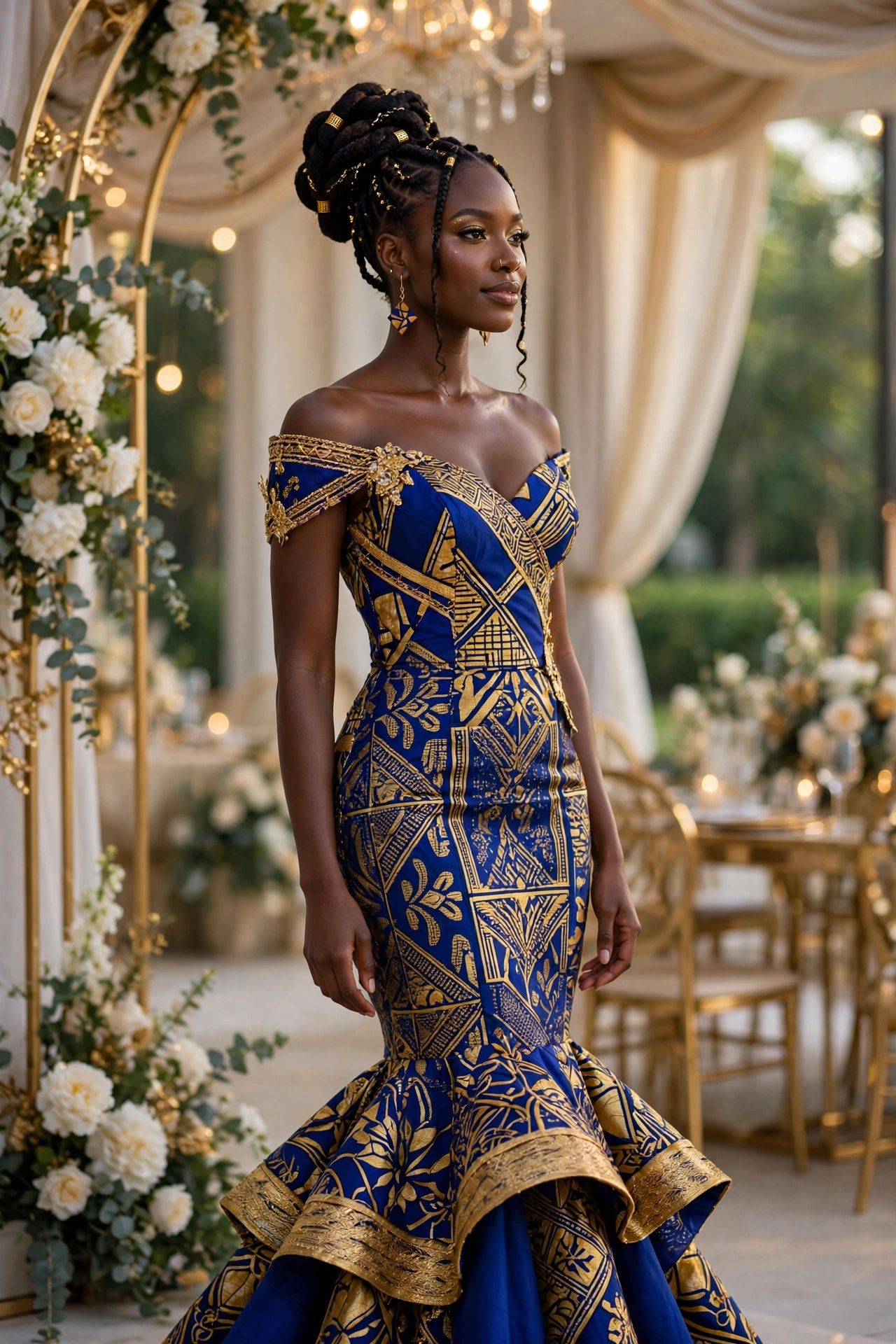 Blue and gold African-inspired wedding guest dress