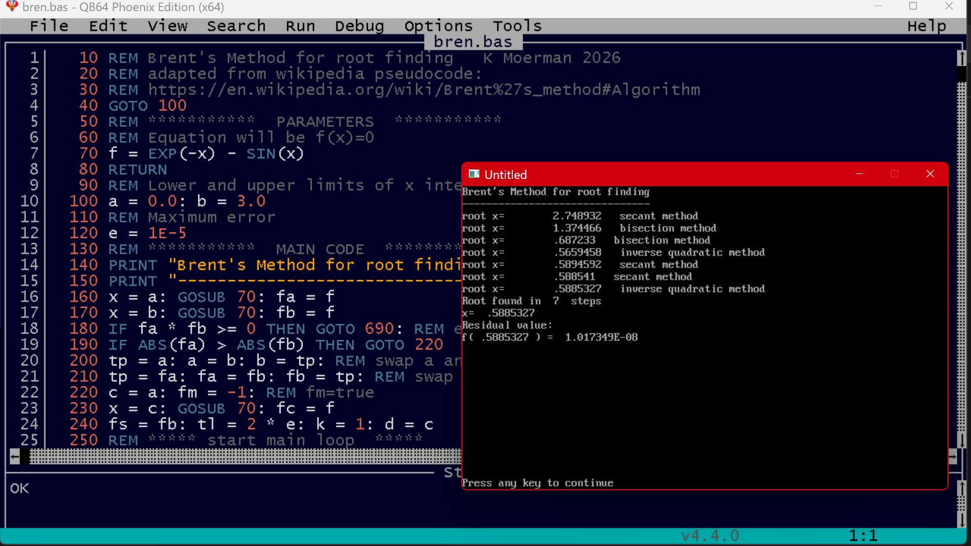 Brent's method for root finding in generic BASIC code