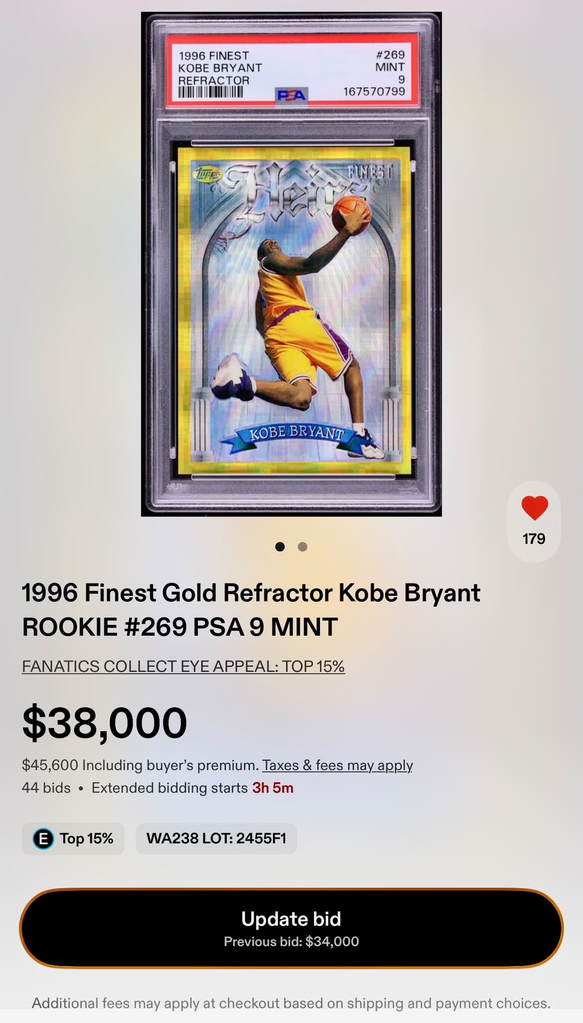 Kobe Bryant 1997 Topps Finest Refractor PSA 10 sells for 18600