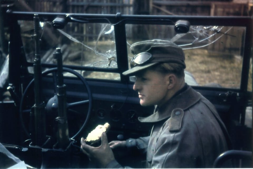 German soldier in truck with bullet-riddled windshield on Eastern