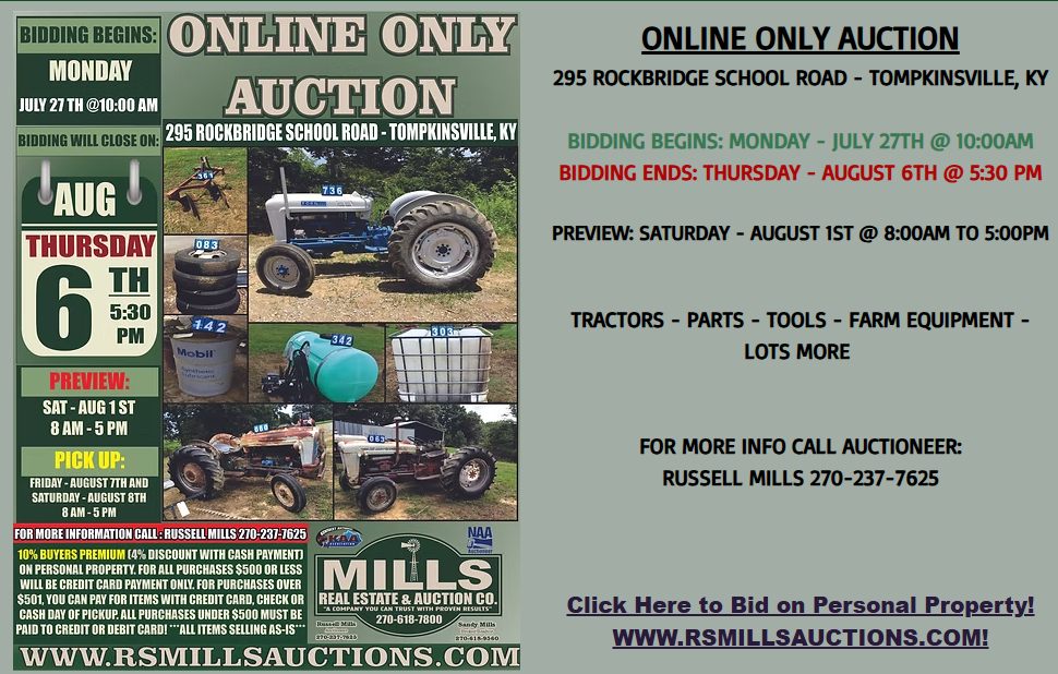 Ford tractor and equipment auction in Tompkinsville, KY, July 27