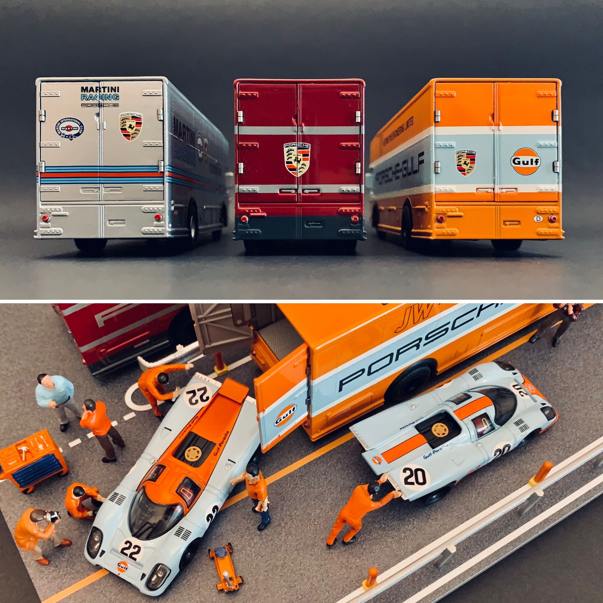 1:64 scale Schuco Mercedes transporters and Sparky Gulf-Porsche