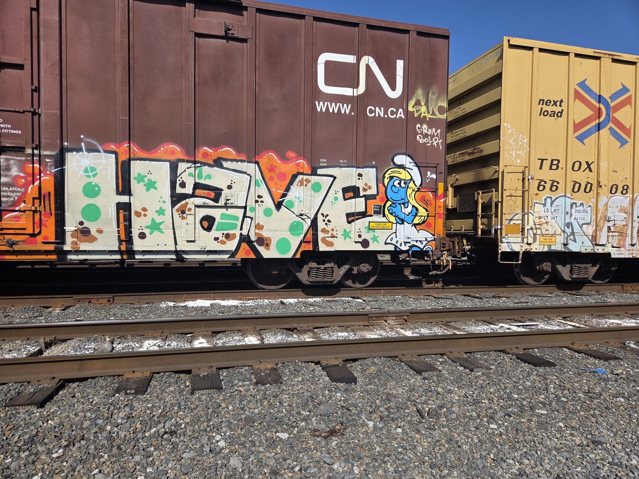 Train graffiti featuring cartoon character with crown