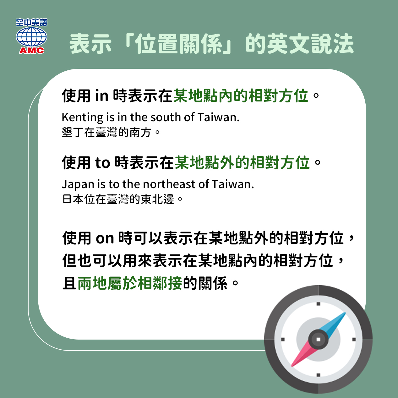 English - 中文在表達「地理位置🧭」時的方式有很多種，有「相對方位」的說法，也有直接說出方位的表達法，英文則可以用「介係詞」來區分 ...
